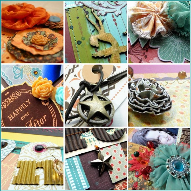 many different pictures with flowers and other things on them, including brooches, ribbons, tags, buttons