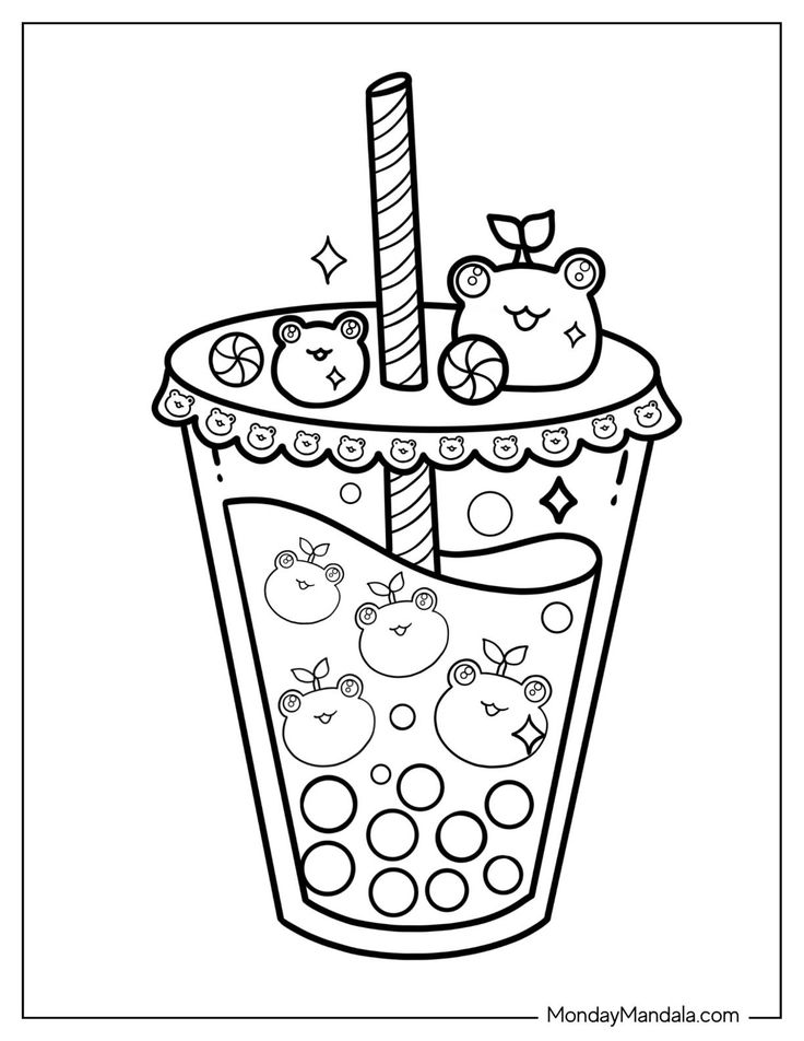 a coloring page with an ice cream sundae and two teddy bears on top of it image.