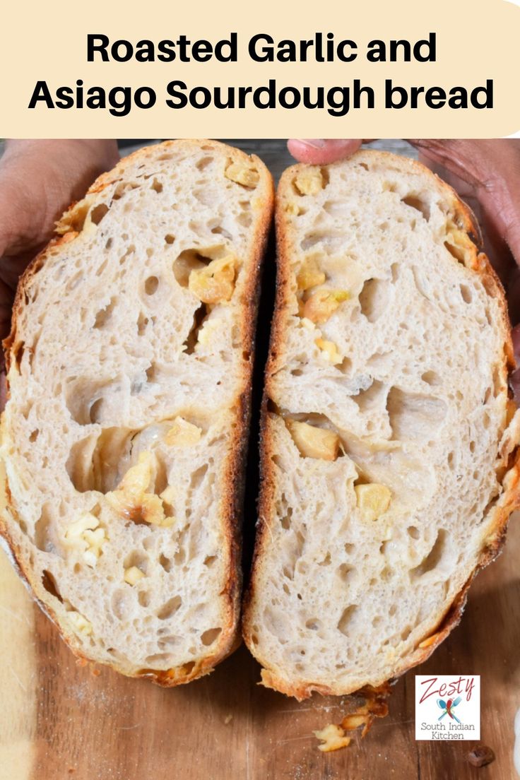 a close up of two pieces of bread with the words roasted garlic and also sourdough bread