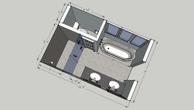 an overhead view of a bathroom with toilet, sink and bathtub in the floor plan