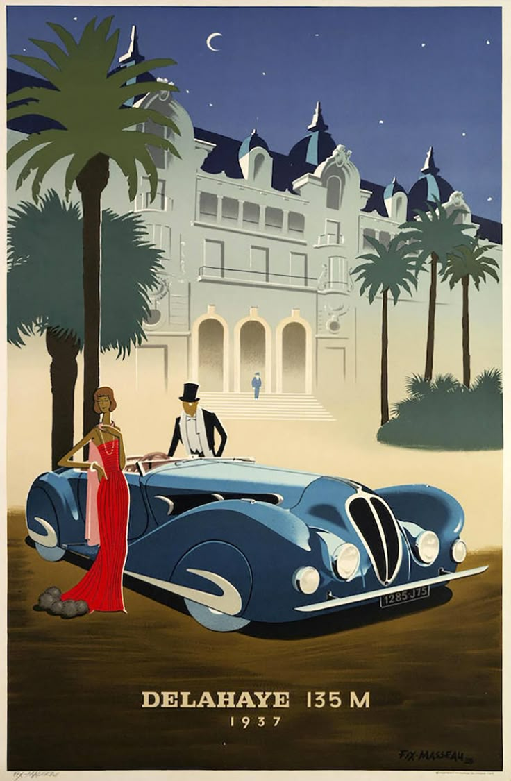 a poster advertising a car show in delahaye, california with an image of a man and woman standing next to a blue sports car