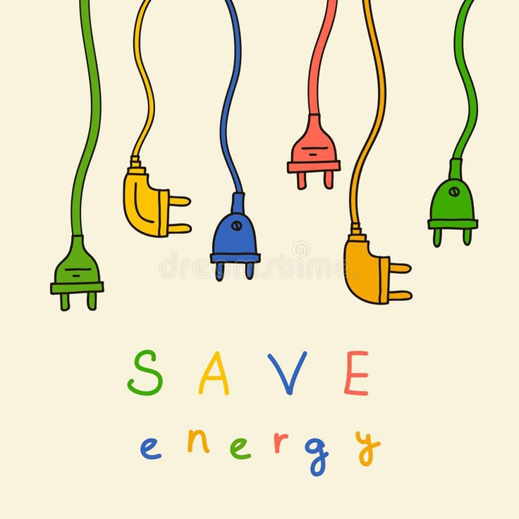 save energy poster with colorful electric plugs and the words save energy written in multicolored letters