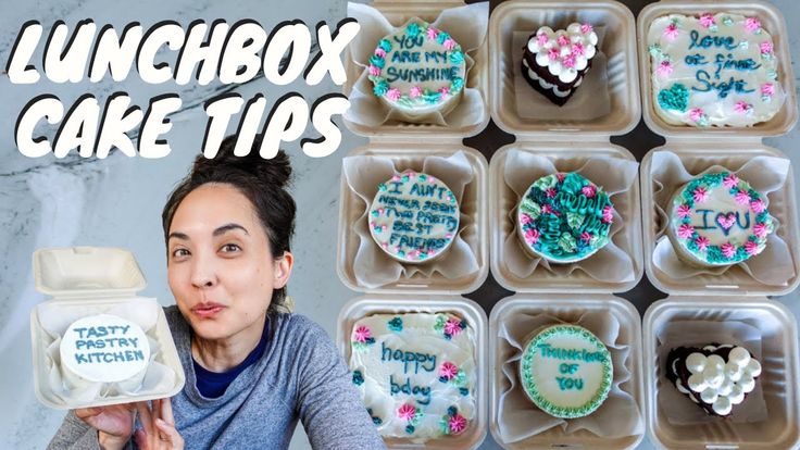 a woman is holding up some cupcakes in front of her face with the words lunchbox cake tips written on them