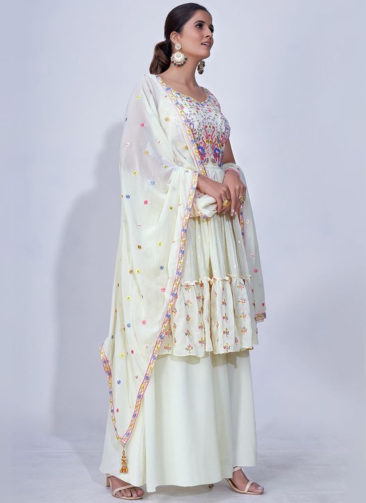 Shop Latest Bridesmaids Outfit - HATKAY Off White Sharara With Floral Embroidery For Festive Occasions, Festive Off White Sharara With Floral Embroidery, Off White Floral Embroidered Sharara For Festive Occasions, Off White Sharara With Mirror Work In Traditional Drape, Bollywood Style Off White Palazzo Set With Floral Embroidery, Eid Sharara With Mirror Work In Georgette, Eid Georgette Sharara With Mirror Work, White Silk Sharara With Floral Embroidery, Off White Anarkali Georgette Palazzo Set