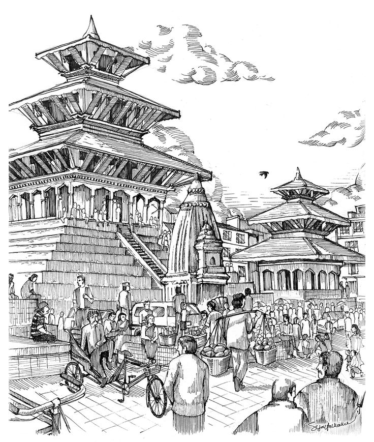 an ink drawing of people walking around in front of a building with a pagoda on top