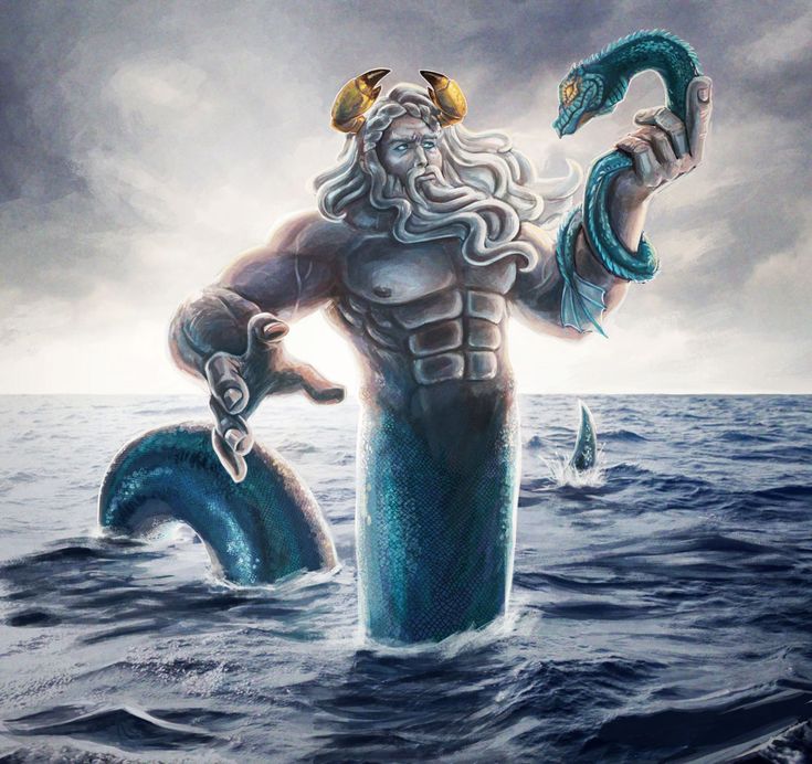 a painting of a man in the ocean holding a hammer and wearing a blue outfit