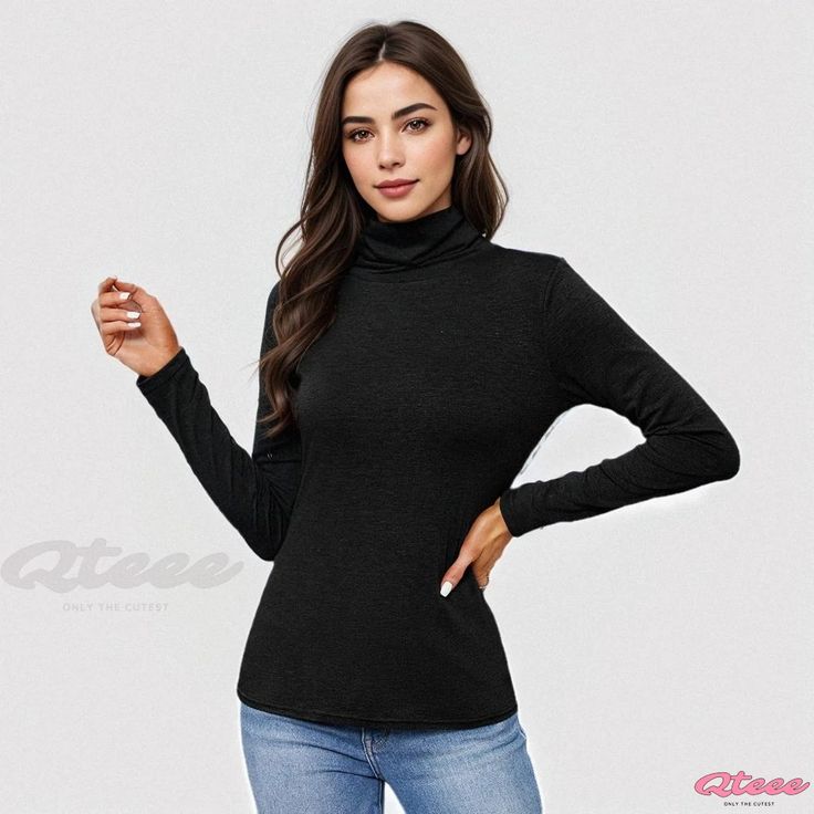 Qteee - Solid Color High Neck Long Sleeve Knit Slim Fit Top Fitted Knit Casual Turtleneck, Casual Fitted Knitted Turtleneck, Casual Fitted Knit Turtleneck, Fitted Casual Knitted Turtleneck, Fitted Knitted Casual Turtleneck, Casual Fine Knit Turtleneck, Fitted Casual Turtleneck, Casual Knit Turtleneck, Fitted Fine Knit Casual Turtleneck