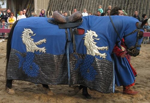 a horse covered in a blue blanket with white horses on it's back