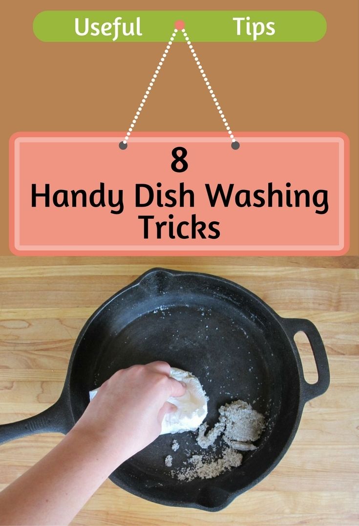 hand washing dishes in a frying pan with the words 8 handy dishwash tricks