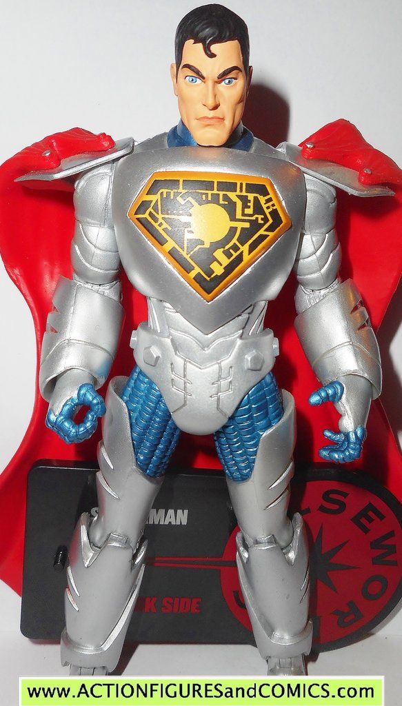 the action figure is wearing a silver suit with blue accents on it's chest