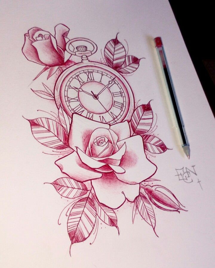 a drawing of a rose with a clock on it