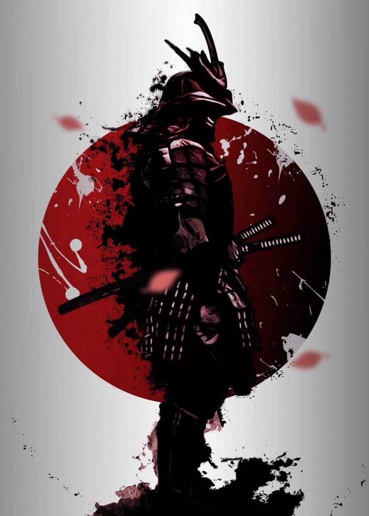 a stylized image of a samurai in front of a red sun