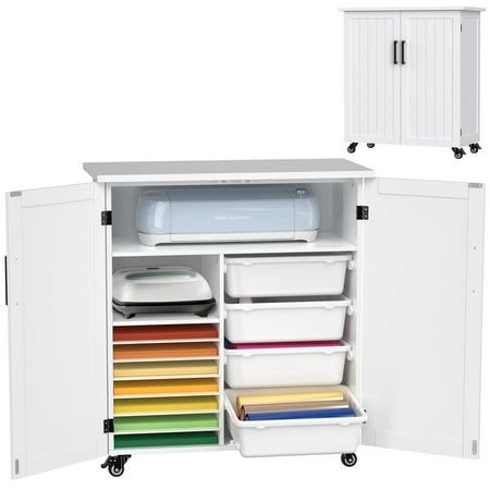 a white cabinet with several different colored drawers