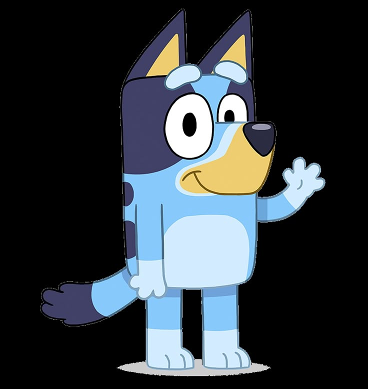 a cartoon blue dog with black spots on it's face and arms, standing in front of a white background