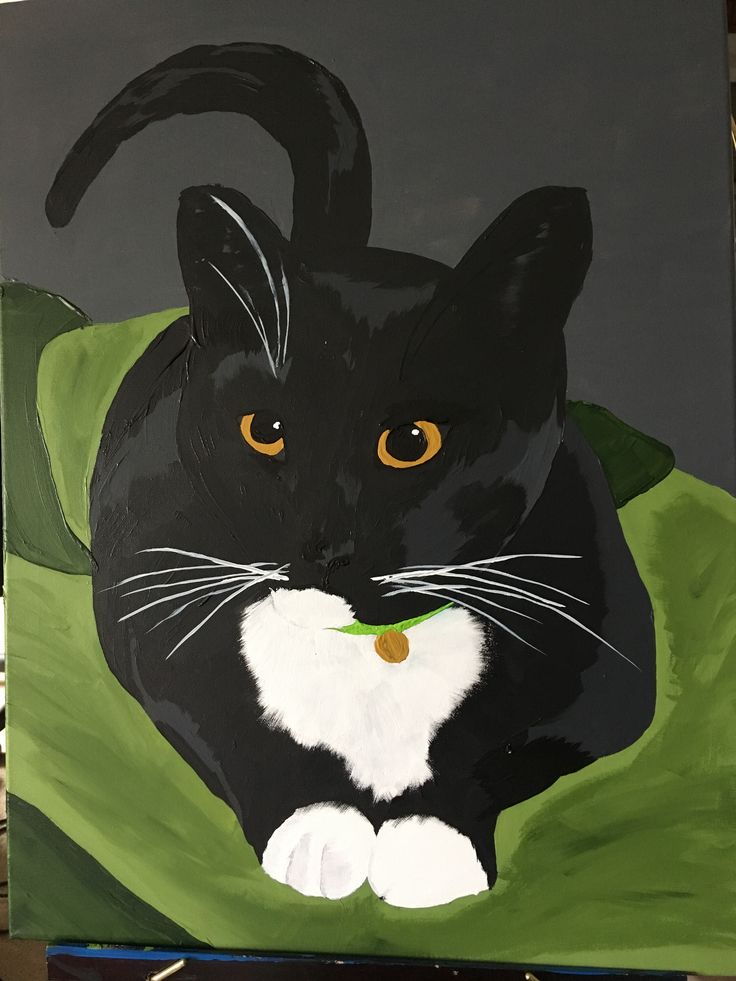 a painting of a black and white cat on a green blanket with yellow eyes, looking at the camera