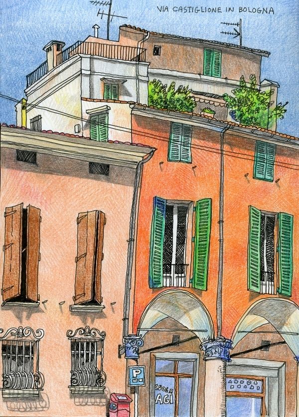 a drawing of an apartment building with green shutters on the windows and balconies