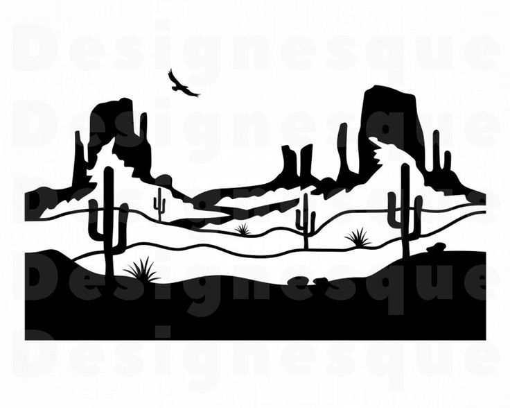 a black and white desert scene with cactus trees