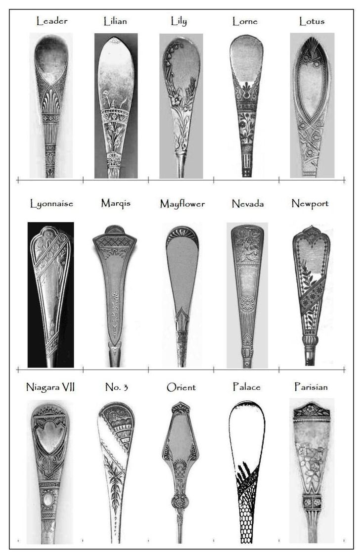 the different types of spoons are shown in black and white, including one with ornate designs