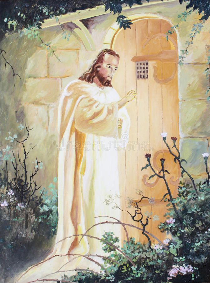 a painting of jesus standing in front of a doorway with trees and bushes around him