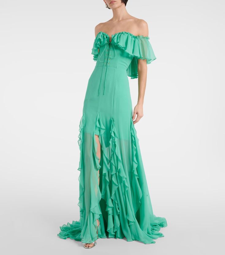 Off-shoulder corset silk gown in green - Costarellos | Mytheresa Pre-draped Summer Gala Gown, Fitted Pre-draped Maxi Dress For Summer, Pre-draped Silk Chiffon Maxi Dress For Spring, Elegant Spring Gown With Corset Back, Silk Floor-length Pre-draped Gown, Pre-draped Silk Chiffon Floor-length Gown, Summer Wedding Pre-draped Maxi Dress, Pre-draped Strapless Silk Gown, Spring Silk Gala Gown