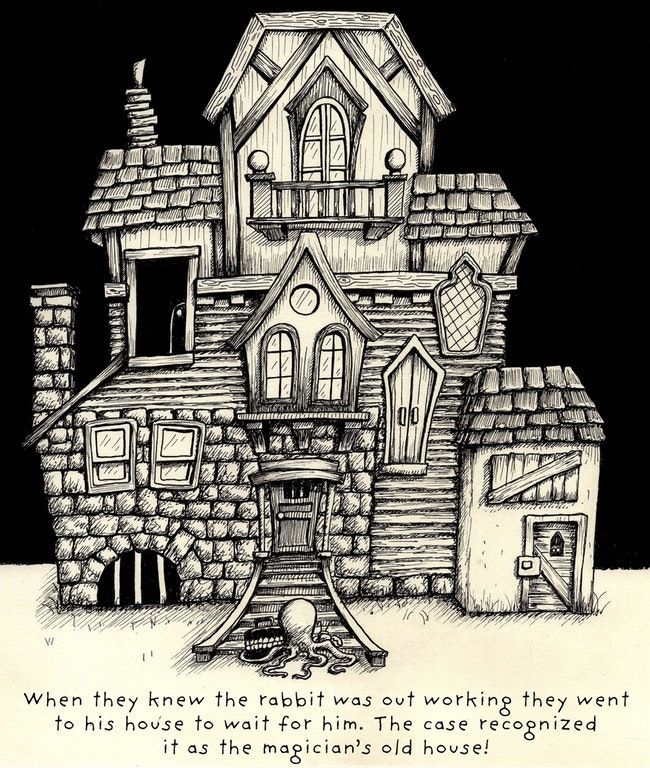 a black and white drawing of a house with a poem written in the front corner