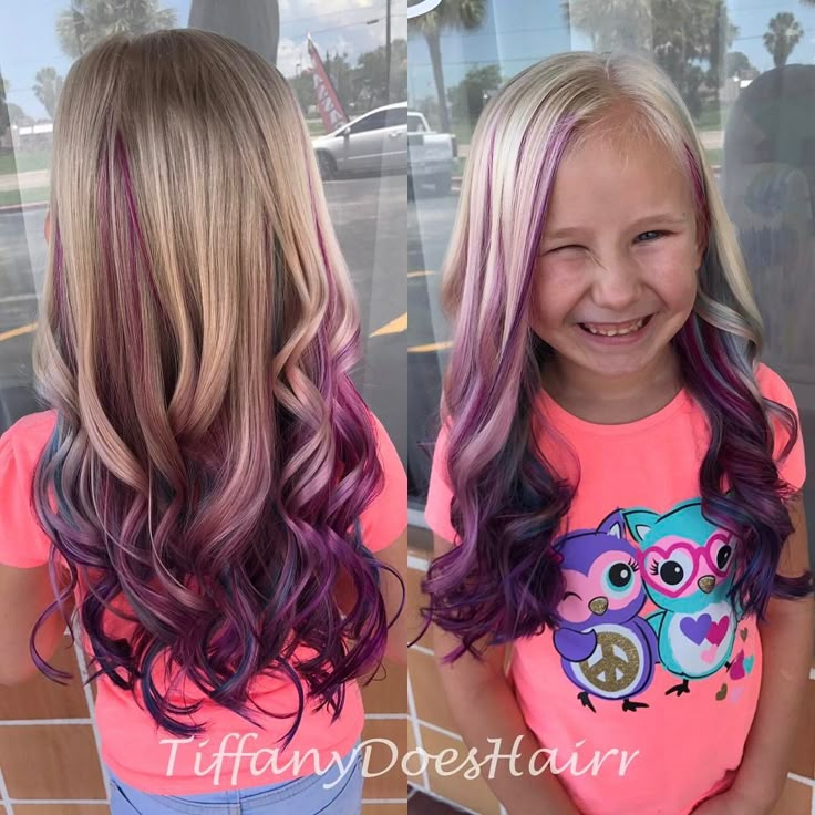 Little girl summer hair! Pink purple and blue!  1 Likes, 1 Comments - Tiffany Allen (@tiffanydoeshairr) on Instagram: “Birthday hair for Cali!!” Blonde And Purple Hair, Blonde And Purple, Hair Dye For Kids, Kids Hair Color, Girl Hair Colors, Birthday Hair, Temporary Hair Color, Kids Hair Cuts, Hair Color Purple