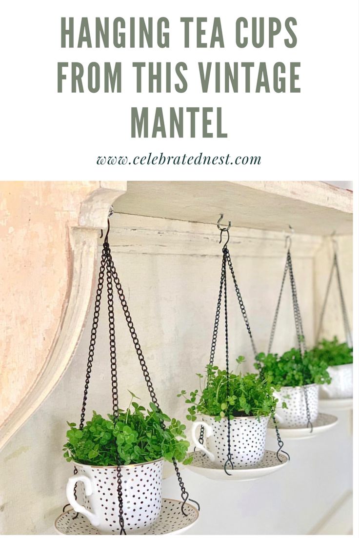 hanging tea cups from this vintage mantel are so easy to make and can be used as planters