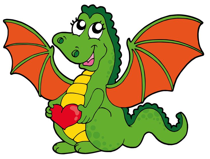 a green dragon with red wings holding a heart