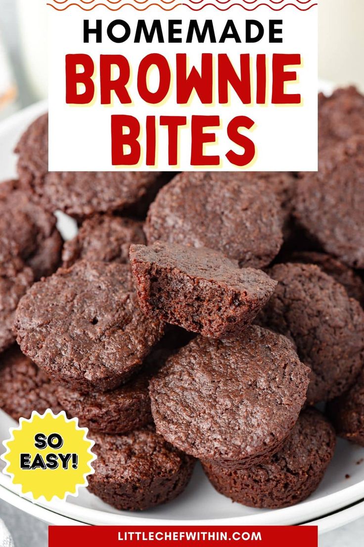 homemade brownie bites on a plate with text overlay