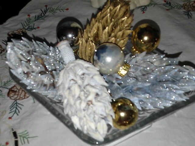 a tray with christmas decorations and ornaments on it