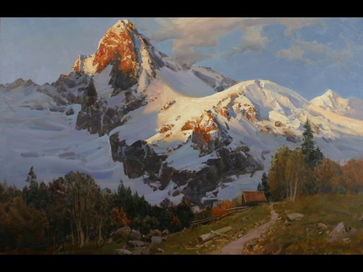 a painting of a snowy mountain with trees in the foreground and a path leading up to it