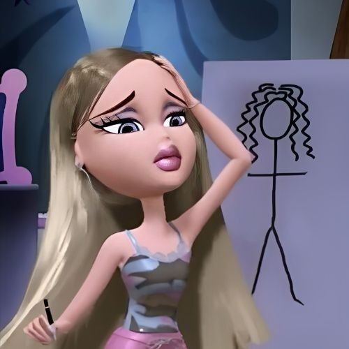 a cartoon girl with long blonde hair standing in front of a drawing board and holding her hand on her head