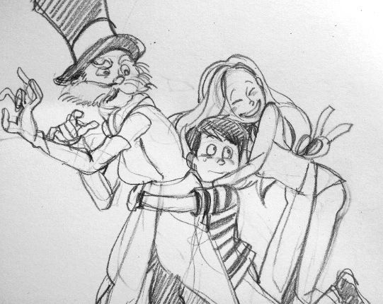 a drawing of two people hugging each other and one is wearing a top hat while the other has his arm around another person's neck