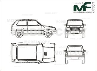 an image of three different cars in the same drawing style, one is black and white