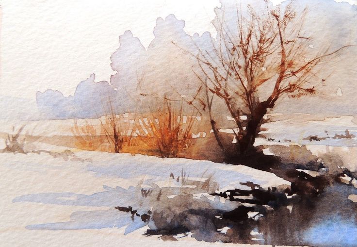 a watercolor painting of a tree in the snow