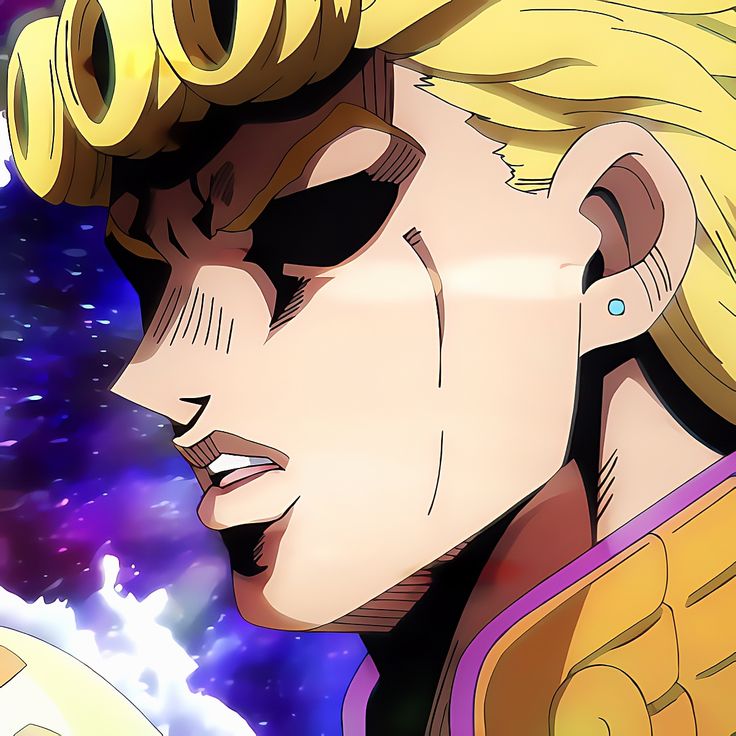 an anime character with blonde hair and black eyes looking at something in the sky behind him