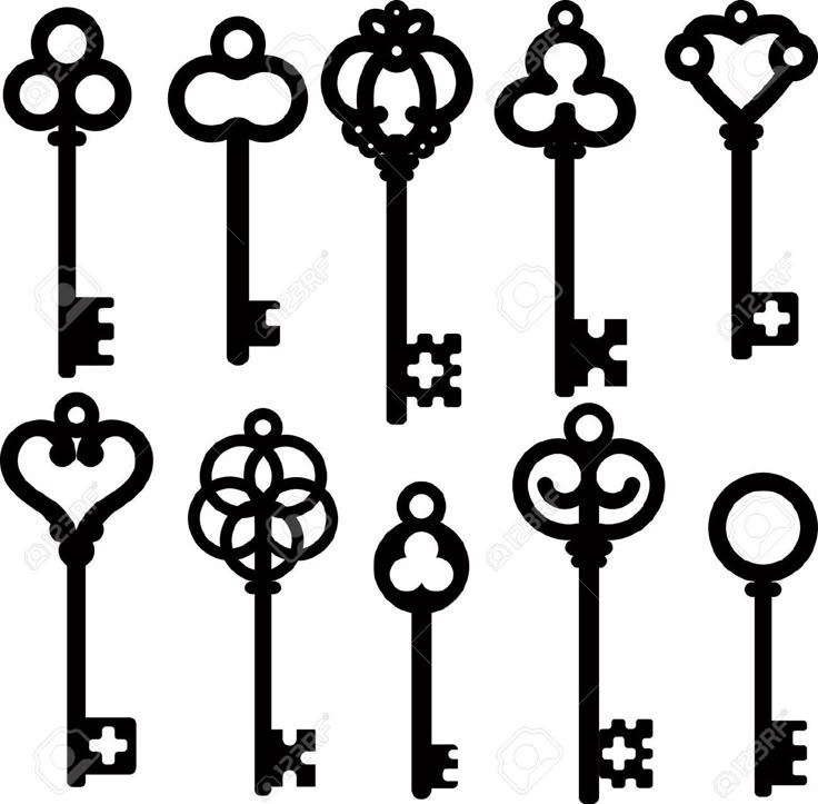 the silhouettes of old keys in different shapes and sizes, all with hearts on them