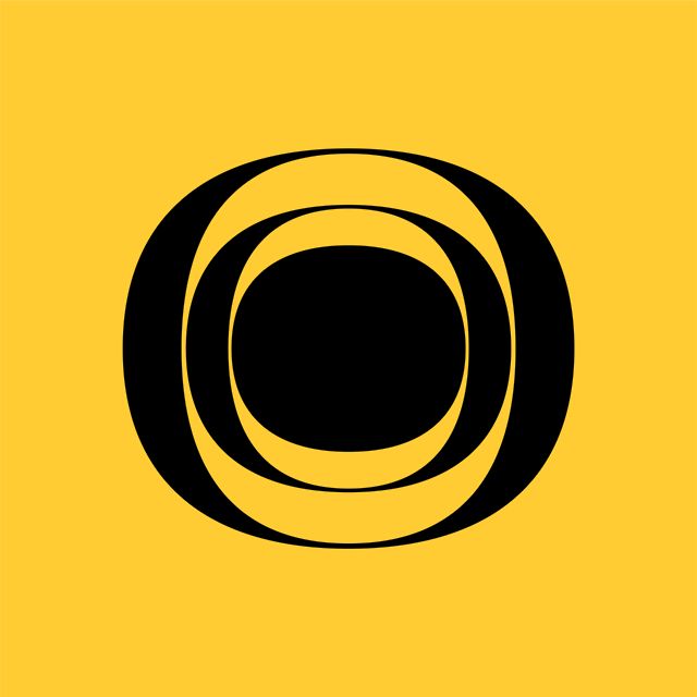 a black and yellow logo with the letter o in it's center, on a yellow background