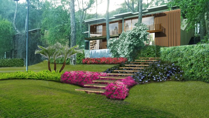 an artist's rendering of a garden with steps leading up to a house in the background