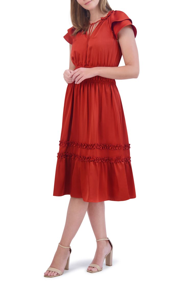 Frilly ruffles dance around the neckline and skirt of this swingy midi dress framed by layered short sleeves. 46" length (size 8) Ties at neck Split neck with ties Short sleeves Lined 100% polyester Dry clean Imported Fit And Flare Knee-length Midi Dress With Ruffle Hem, Knee-length Fit And Flare Midi Dress With Ruffle Hem, Fit And Flare A-line Midi Dress With Ruffles, Spring Midi Length Pleated Ruffle Dress, Pleated Midi Length Ruffle Dress For Spring, Pleated Ruffle Midi Dress For Spring, Spring Midi Ruffle Dress With Pleats, Flowy Knee-length Midi Dress With Ruffles, Casual Midi Dress With Ruffled Skirt