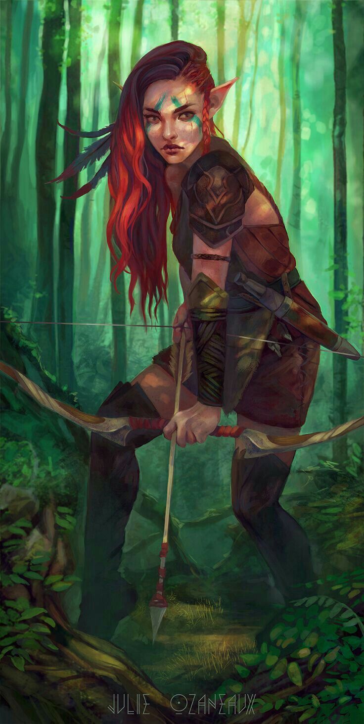 a woman with red hair holding a bow and arrow in the middle of a forest