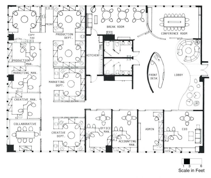 an office floor plan with several tables and chairs