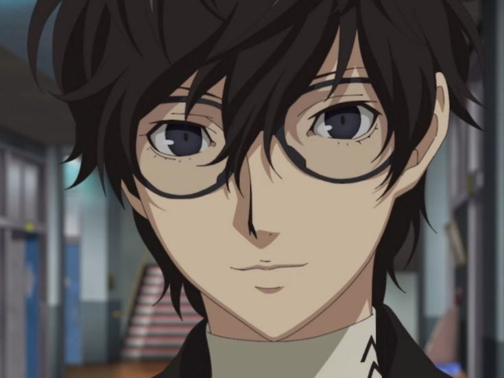 an anime character with glasses and a black jacket in a hallway looking at the camera