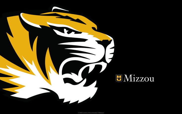 the missouri tigers logo is shown in this black and yellow background with an orange tiger's head