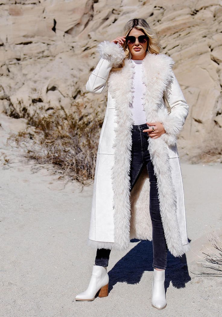 Shop the luxurious Ivory Faux Suede & Shearling Big Sky Full-Length Coat, the epitome of style and comfort for colder weather. Stay cozy in absolute elegance. Winter White Long Outerwear, Winter White Long Outerwear For Winter, Long Winter White Outerwear, Elegant Sheepskin Outerwear For Fall, Winter White Sheepskin Outerwear, Winter White Sheepskin Outerwear For Winter, Elegant Long Sheepskin Coat, Winter White Sheepskin Outerwear For Fall, Cream Sheepskin Outerwear For Fall