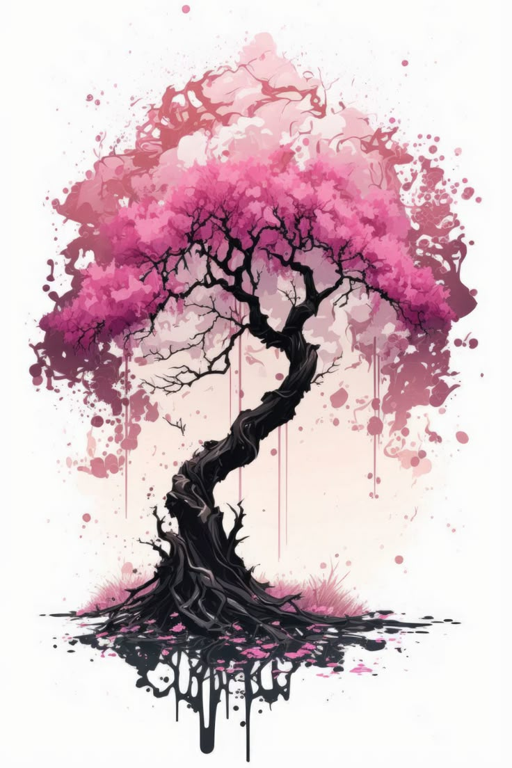 a pink tree with dripping water on it's branches and the roots are splattered