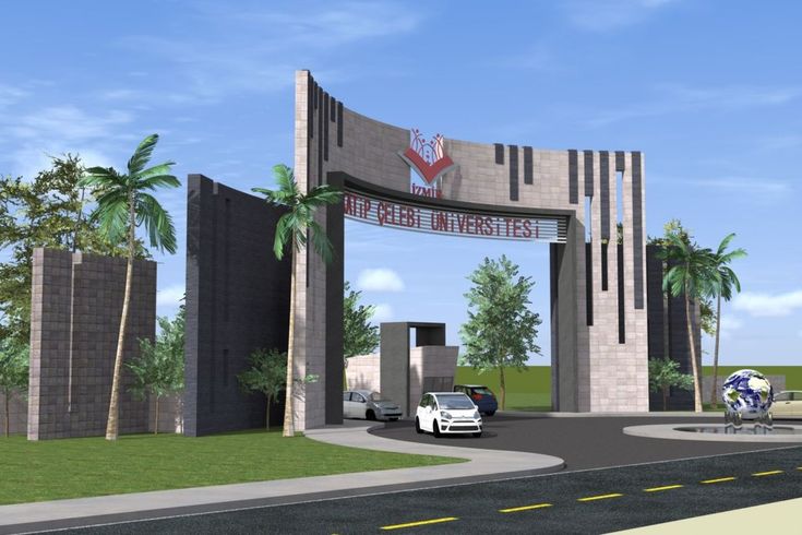 an artist's rendering of the entrance to a city with palm trees and cars