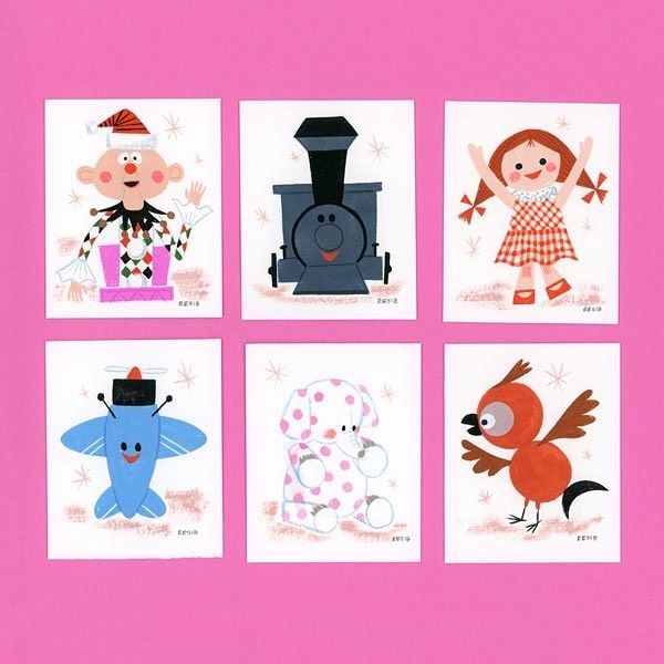 four pictures of children's cartoon characters on pink paper with black and white lettering