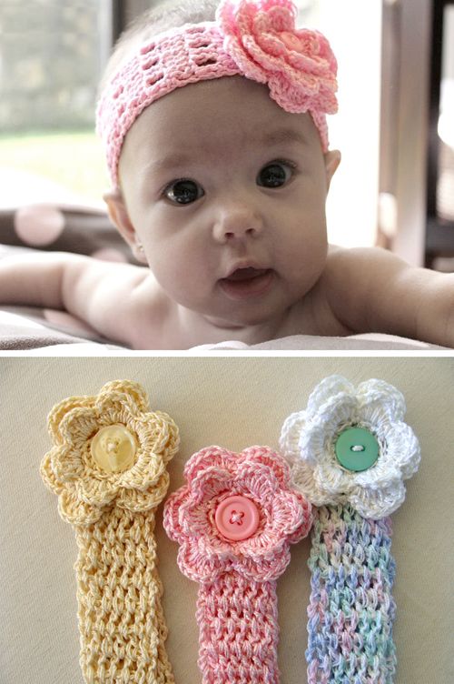 a baby wearing three crocheted headbands with flowers on top and bottom