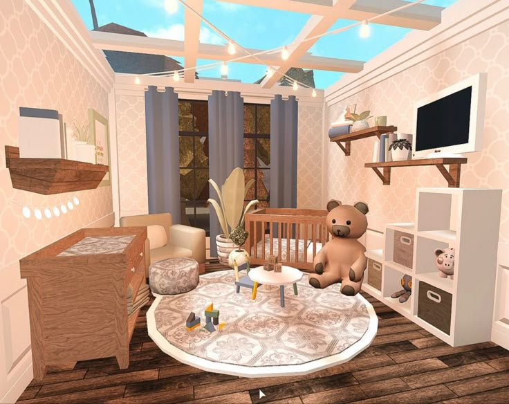 a teddy bear sitting on top of a baby crib in a room filled with furniture